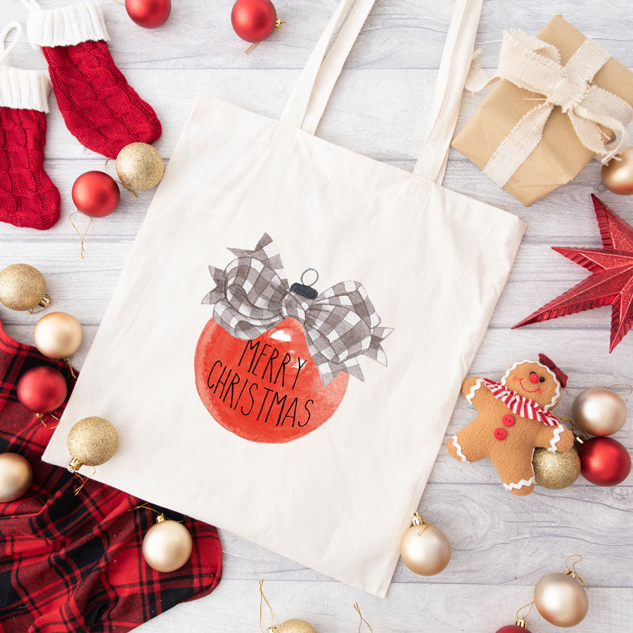 Merry Christmas Ornament Plaid Bow | Tote Bag