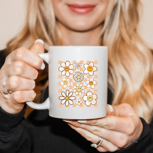 Checkered Smiley Face Flowers | Mug