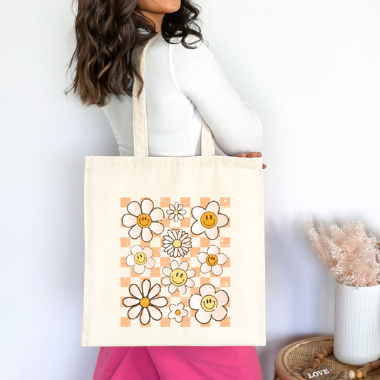 Checkered Smiley Face Flowers | Tote Bag