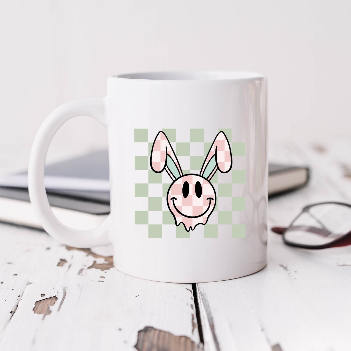 Checkered Smiley Face Bunny | Mug