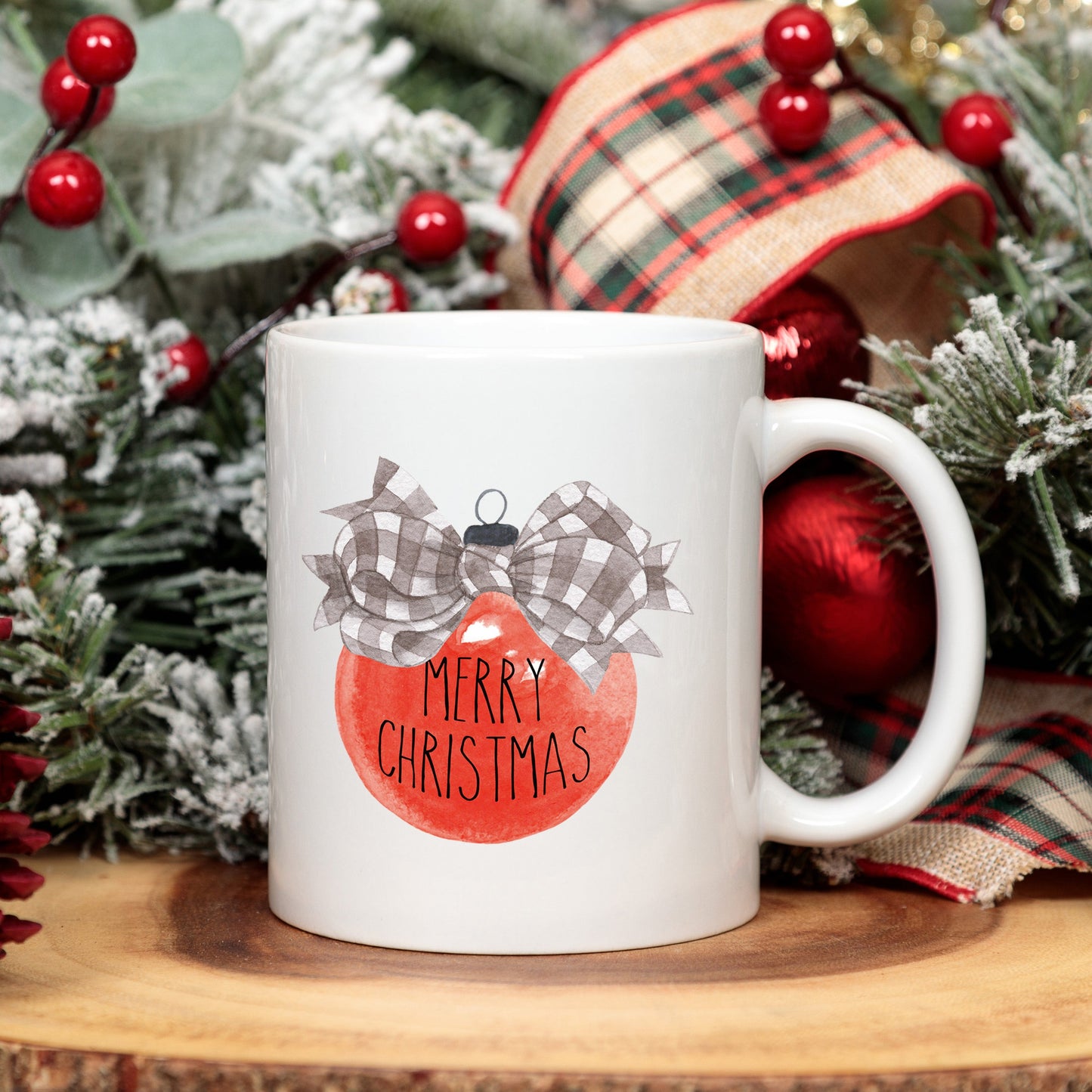 Merry Christmas Ornament Plaid Bow | Mug