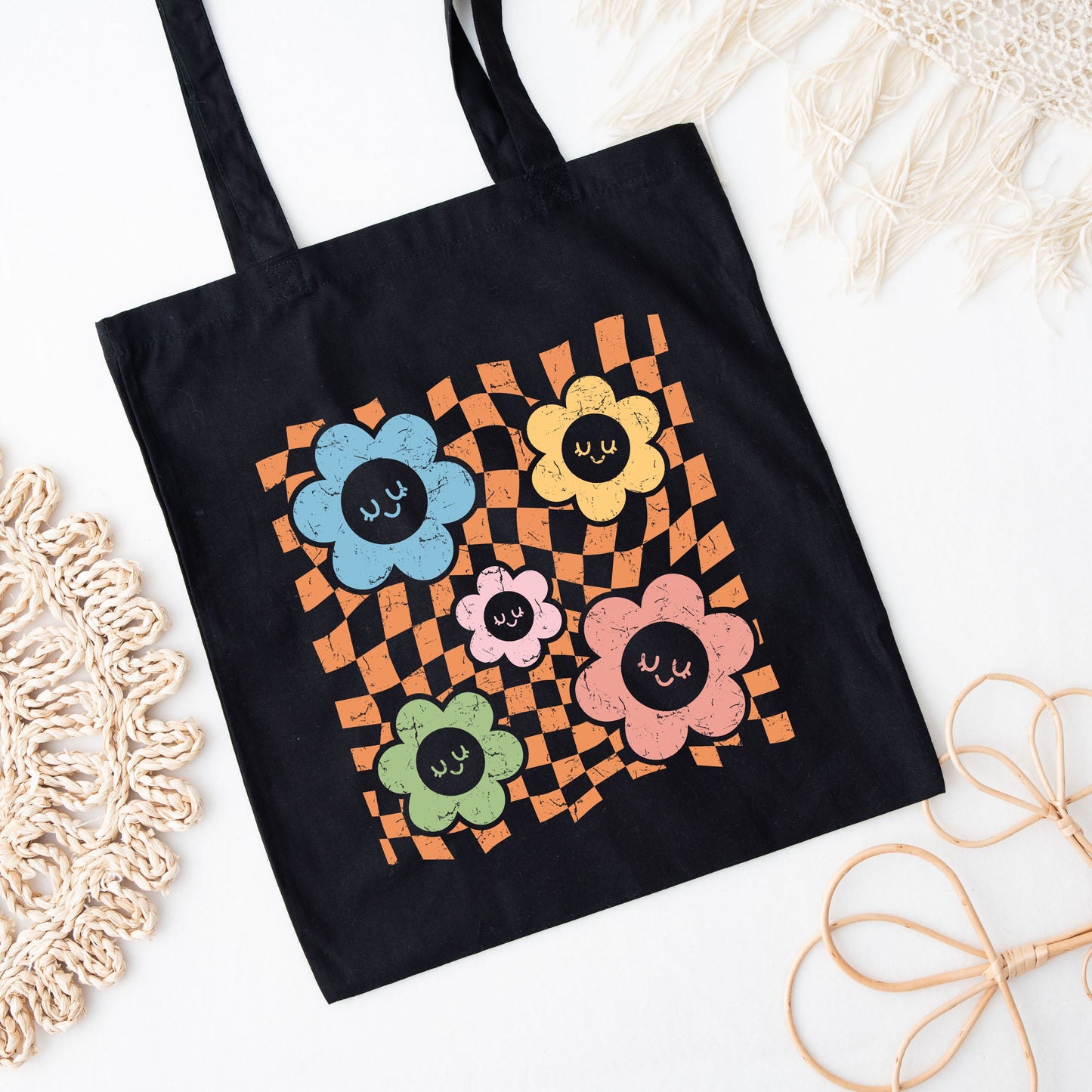 Checkered Flowers And Smiley | Tote Bag