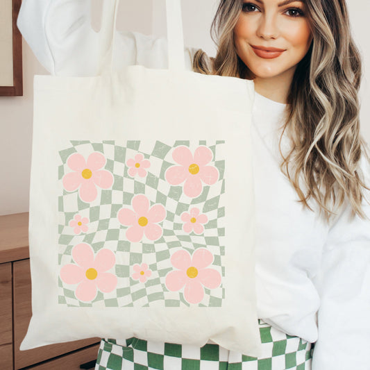 Wavy Checkered Flowers | Tote Bag