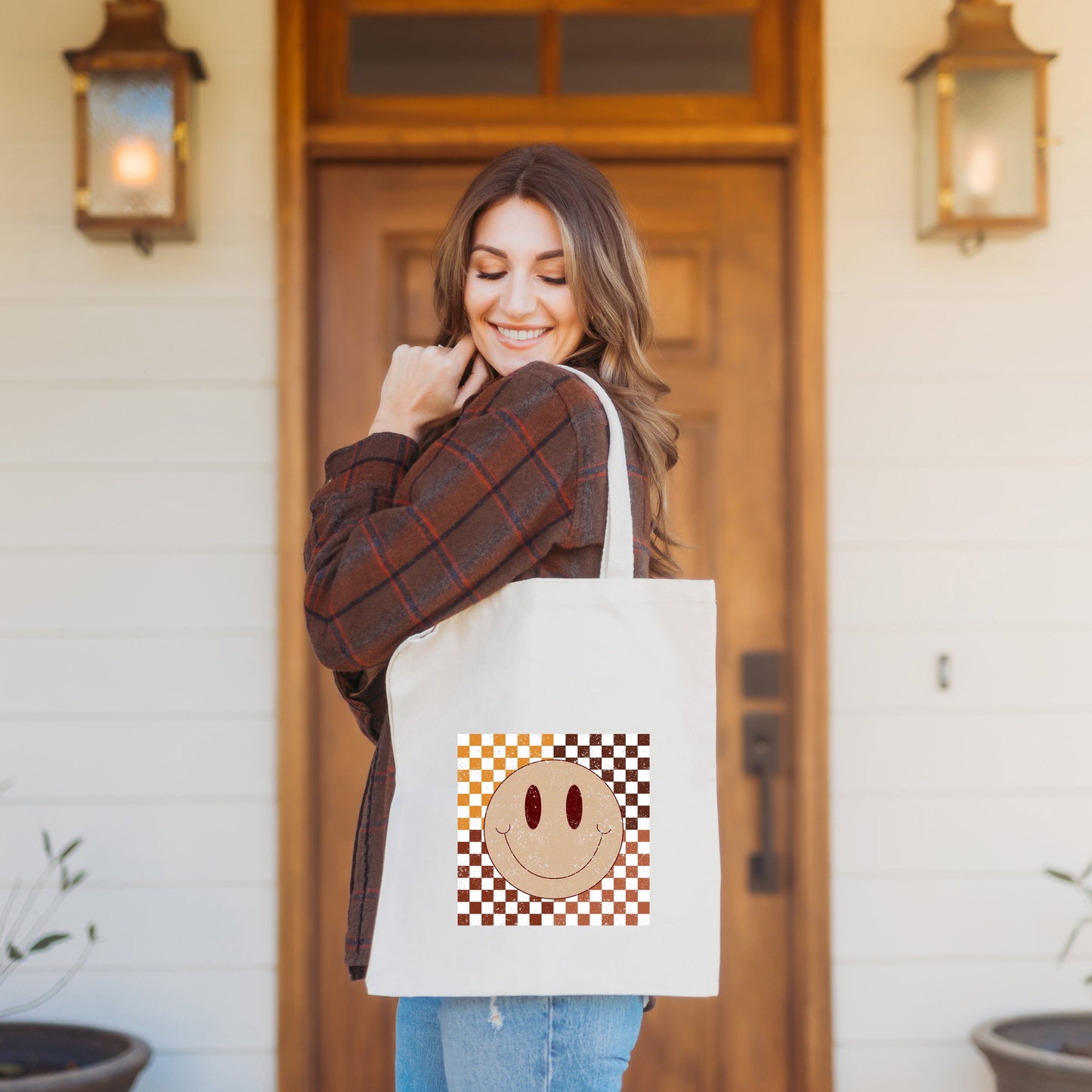 Fall Checkered Smiley | Tote Bag