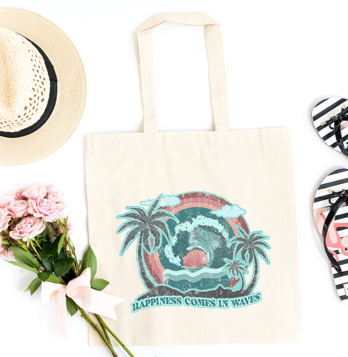 Happiness Comes In Waves Vintage | Tote Bag