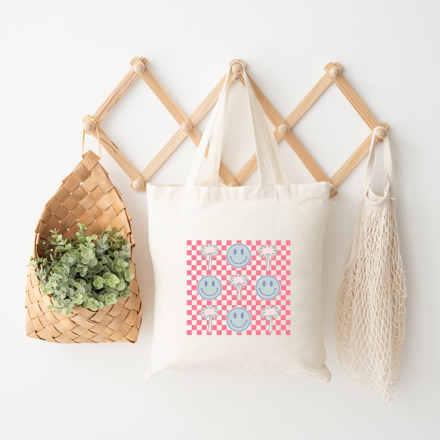 Smiley Palm Trees Checkered | Tote Bag