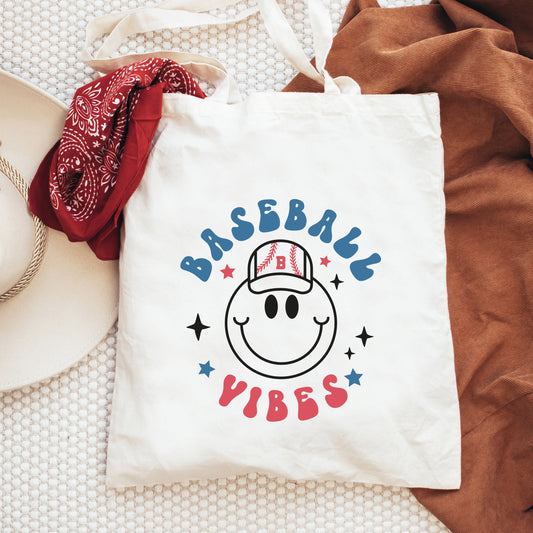 Smiley Face Baseball Vibes | Tote Bag